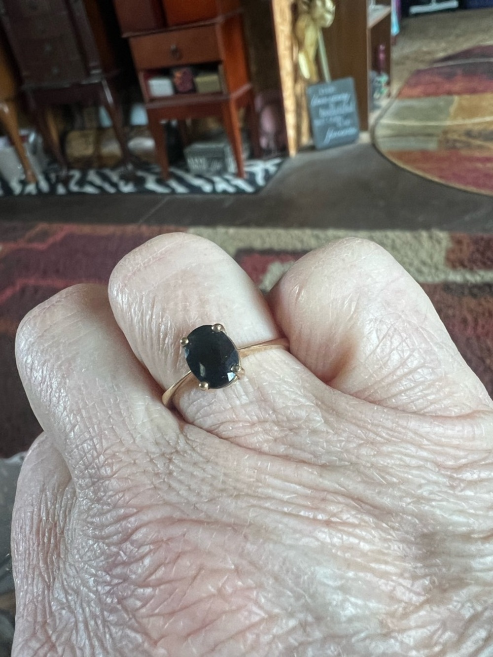 Gold Band Ring with Black Sapphire Oval Stone - Elegant Women's Ring